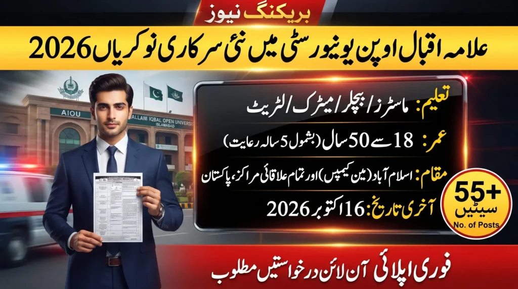 AIOU Jobs 2026 Latest Vacancies Announced - breaking news banner for Allama Iqbal Open University government jobs with 55+ posts, education, age limit and last date details