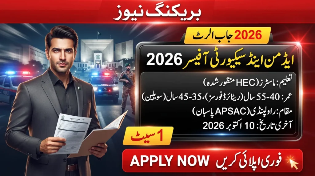 APSAC Pasban Jobs 2026 Admin & Security - breaking news banner showing job alert with education, age limit and application deadline for Rawalpindi