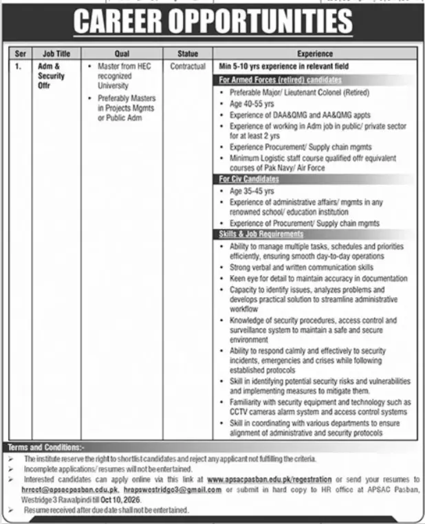 APSAC Pasban Jobs 2026 Admin & Security - Career opportunities advertisement showing job title, qualification, statue and experience details for Rawalpindi