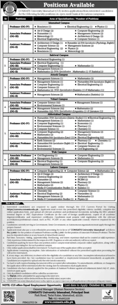 COMSATS University Islamabad Jobs 2026 official job advertisement showing Professor, Associate Professor, and Assistant Professor faculty vacancies across multiple campuses.