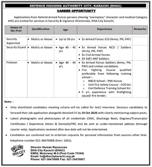 DHA City Karachi Jobs 2026 Security & Fireman - Career opportunity advertisement for Security Supervisor, Security Guard and Fireman posts
