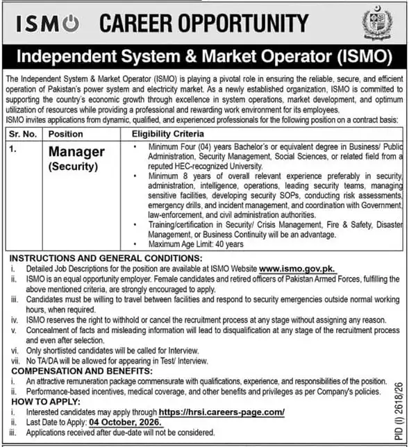 ISMO Jobs 2026 Apply Online Latest Manager Security official job advertisement showing Independent System & Market Operator vacancy details, eligibility criteria and application process.