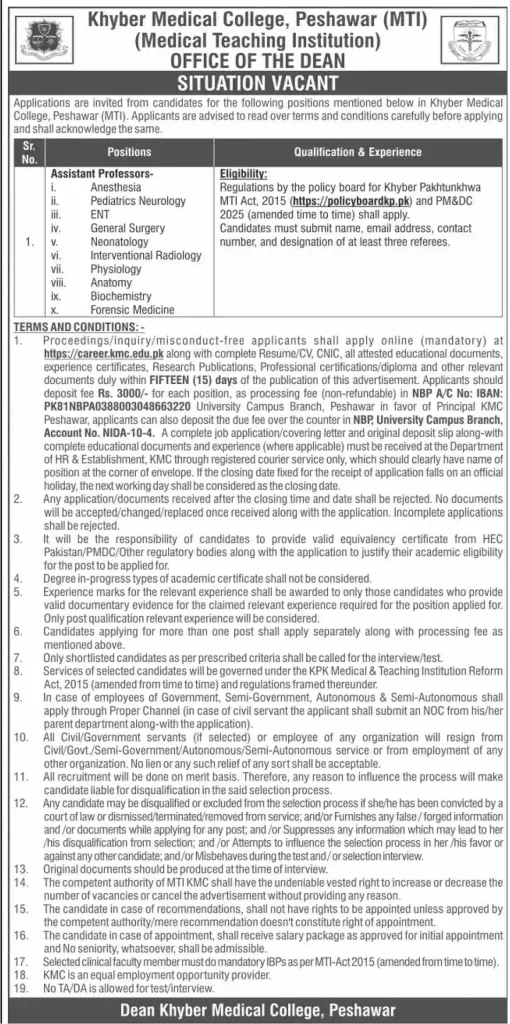 KMC MTI Peshawar Jobs 2026 Assistant Professor advertisement for Khyber Medical College with available medical faculty positions, eligibility criteria, and application details.