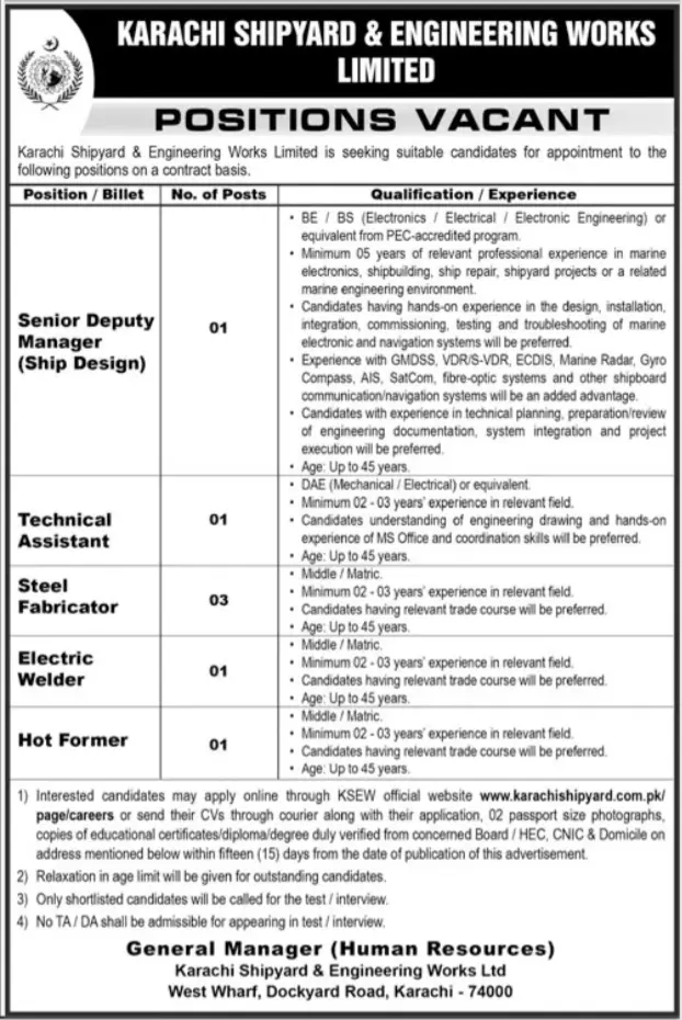 Karachi Shipyard Jobs 2026 Apply Online official advertisement showing vacancies for Senior Deputy Manager, Technical Assistant, Steel Fabricator, Electric Welder and Hot Former positions.