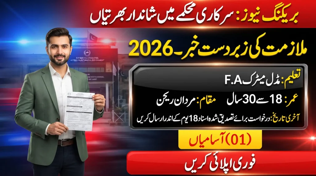Mali Jobs 2026 in KPK Mardan Region - breaking news banner showing government job vacancy, education, age limit and application deadline details