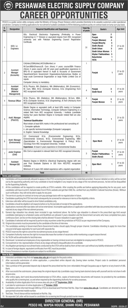 PESCO Jobs 2026 Apply Online advertisement featuring latest career opportunities, 46 vacancies, eligibility criteria, and application details for Peshawar Electric Supply Company.