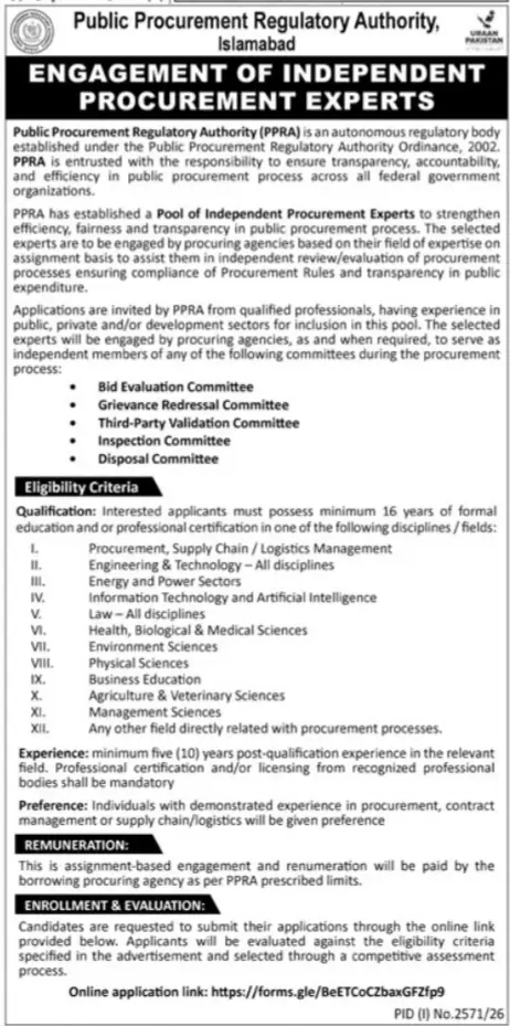 PPRA Jobs 2026 for Independent Procurement Experts advertisement by Public Procurement Regulatory Authority Islamabad with eligibility criteria and online application details.