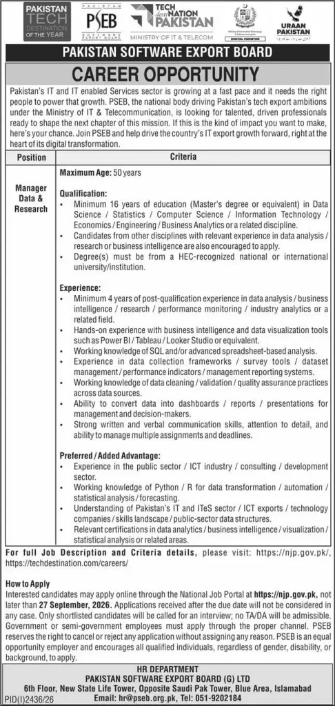 PSEB Jobs 2026 Apply Online Manager vacancy advertisement featuring Pakistan Software Export Board career opportunity, Manager Data & Research position, eligibility criteria, and application details