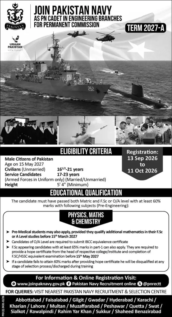 Pakistan Navy Jobs 2026 Apply Online PN Cadet advertisement featuring Pakistan Navy PN Cadet recruitment, eligibility criteria, educational requirements, registration dates, and online application details