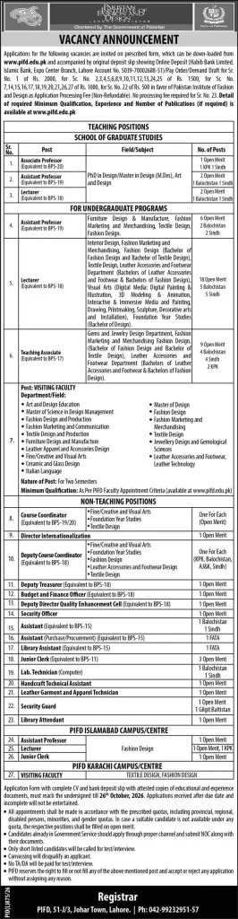 PIFD Jobs 2026 Teaching & Non Teaching Posts - Pakistan Institute of Fashion and Design vacancy announcement