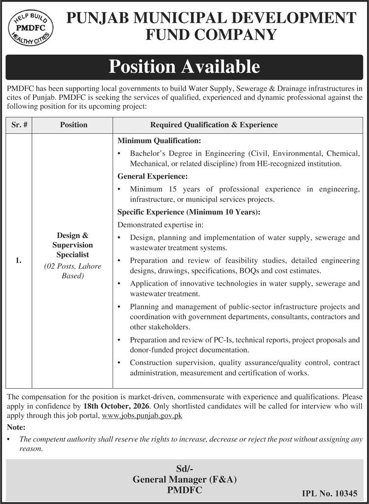 PMDFC Jobs 2026 Design & Supervision Specialist advertisement for 02 posts in Lahore, last date 18 October 2026