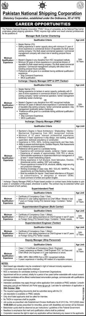 PNSC Jobs 2026 Apply Online - Pakistan National Shipping Corporation advertisement for 7 senior positions