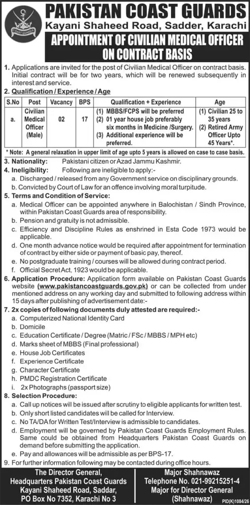 Pakistan Coast Guards Jobs 2026 advertisement for 2 Civilian Medical Officer posts on contract basis in Karachi