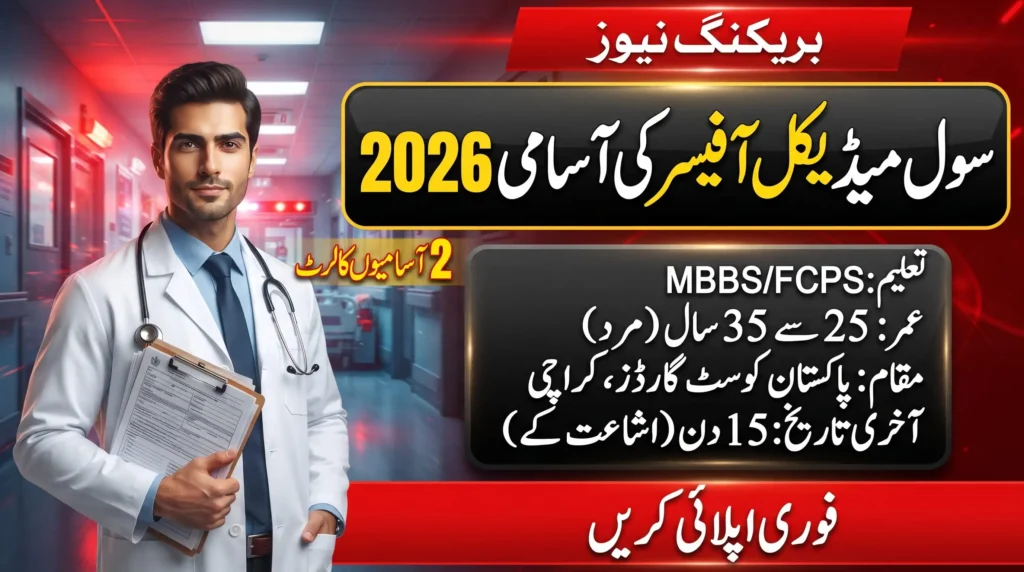 Pakistan Coast Guards Jobs 2026 breaking news banner for 2 Civilian Medical Officer vacancies in Karachi, apply now