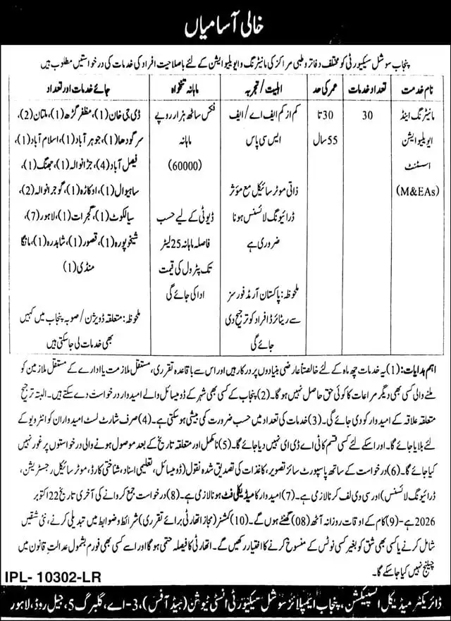 Punjab Social Security Jobs 2026 advertisement for 30 Monitoring and Evaluation Assistant posts, apply by 22 October 2026