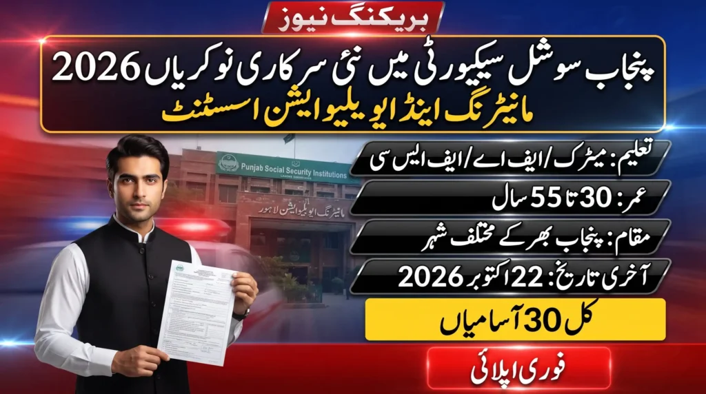 Punjab Social Security Jobs 2026 breaking news banner for 30 Monitoring and Evaluation Assistant vacancies in Punjab